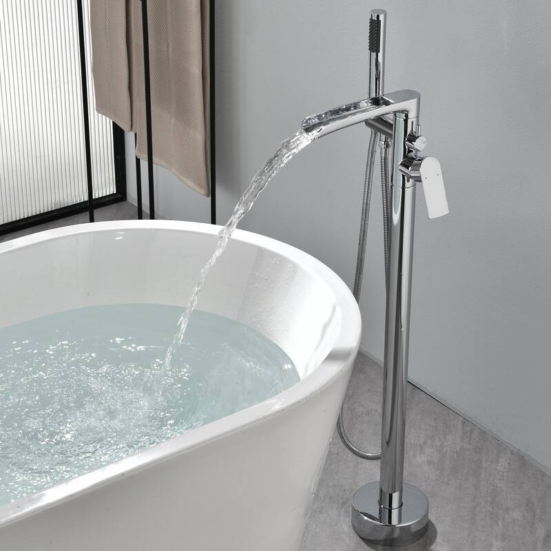 Single Handle Floor Mounted Freestanding Waterfall Tub Filler with Handheld Shower