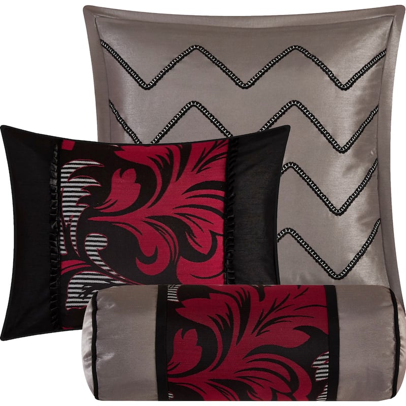 Nanshing Liana Embroidered Red and Black 7-Piece Floral Comforter Set