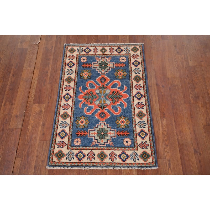 Geometric Kazak Foyer Rug Hand-Knotted Blue Wool Carpet - 2'0" x 3'0"