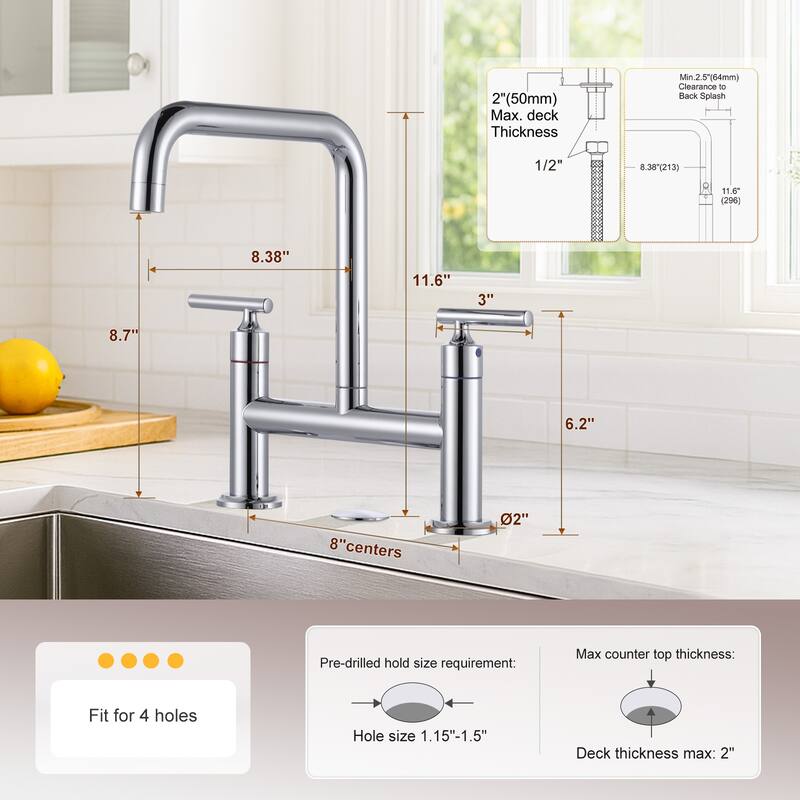 WOWOW Double Handle Bridge Faucet with Kitchen Sink Hole Cover
