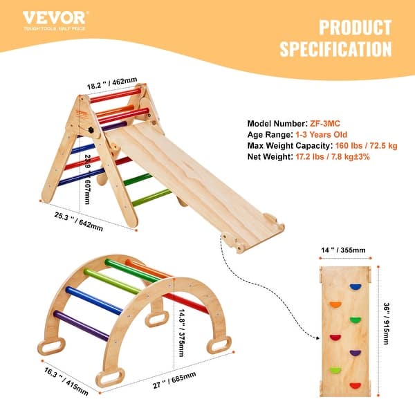 dimension image slide 0 of 4, VEVOR Pikler Triangle Set Toddler Climbing Toys Indoor Playground, Ramp, and Arch, Montessori Climbing Set