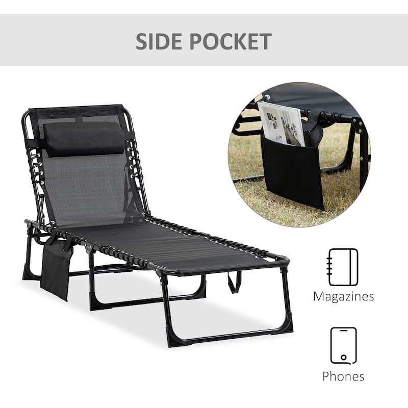 Outsunny Reclining Lounge Chair, Portable Sun Lounger, Folding Camping Cot, with Adjustable Backrest and Removable Pillow