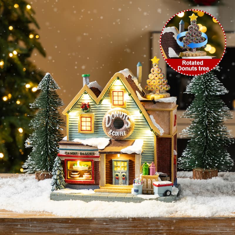 Glitzhome 10.25"H Lighted Christmas Donuts & Coffee Shop Resin Village with Movement and Music