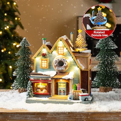 Glitzhome 10.25"H Lighted Christmas Donuts & Coffee Shop Resin Village with Movement and Music