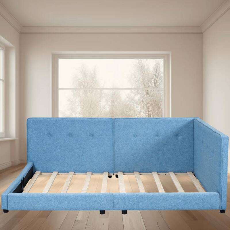 Full Size Upholstered Platform Bed Frame, Daybed with USB Ports and Sturdy Wood Frame, No Box Spring Needed, for Bedroom - Blue - Full
