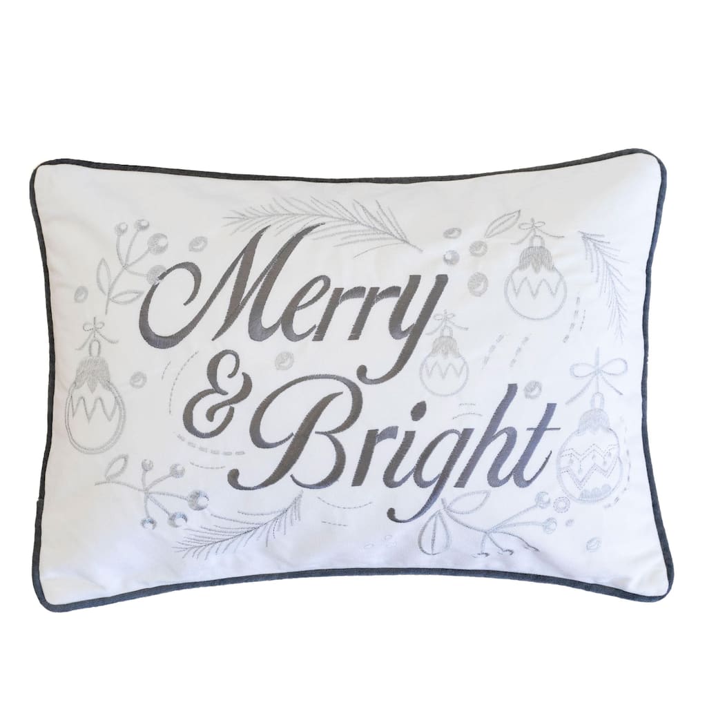 Merry & Bright Christmas Throw Pillow - 14x20" White and Silver Embroidered Velvet Lumbar Cushion
