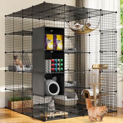 Large Cat Cage with Storage Cube DIY Indoor Catio Metal Cat Playpen with Hammock Platforms for 1-4 Cats 5 Tiers Cat Kennel