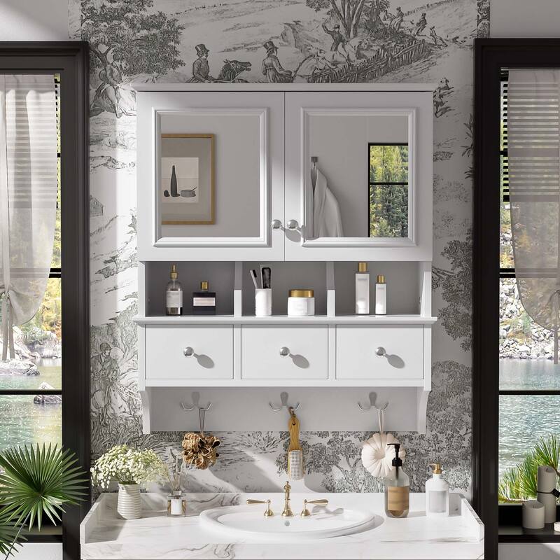 24" Wall Mounted 4-in-1 Bathroom Mirror Cabinet with Drawers & Hooks, High-Definition Medicine Cabinet with Storage for Vanity - White