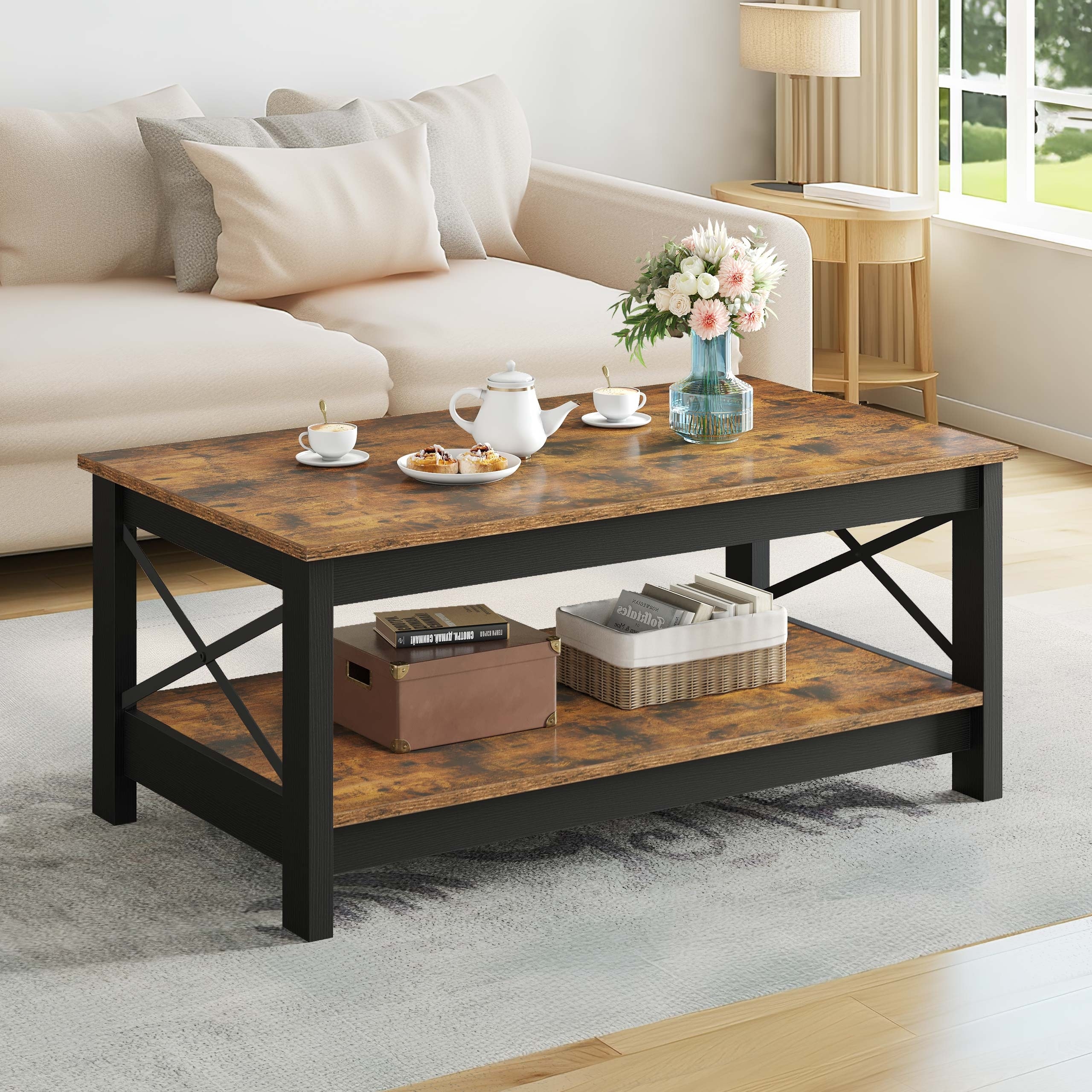 Moasis Farmhouse 39" Rustic 2-Tier Coffee Table with Storage Open Shelf for Living Room