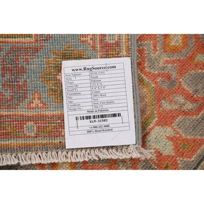 Geometric Grey Kazak Foyer Rug Hand-Knotted Wool Carpet - 2'6"x 4'4"