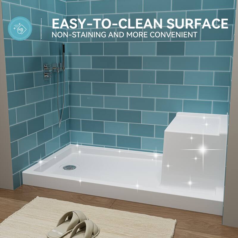 HOROW 60 x 32 Inch Alcove Shower Pan Base in White with Built In Seat - Left Drain Location