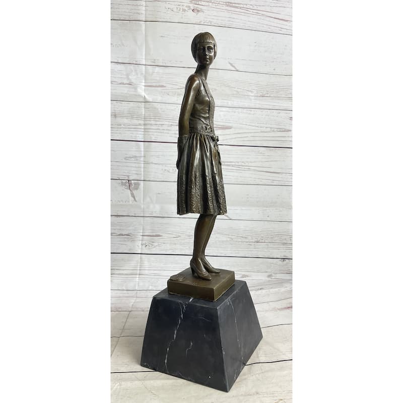 Young Woman In Dress With Short Hair Bronze Figure Statue Sculpture On Marble Base