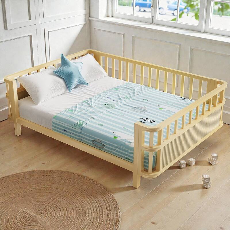 Kids Metal and Wood Platform Bed with Safety Rails, Low Profile Twin Full Children Bed for Boys and Girls