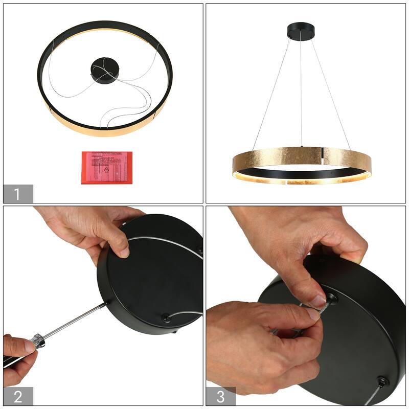 Modern Glam 1-Light Goldleaf Circular Chandelier Wheel Drum Integrated LED Pendant Light Fixture with Gold Foil for Dining Room