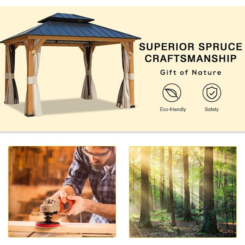 Hardtop Wood Gazebo for Patio, Outdoor Cedar/Spruce Pergola with Metal or Asphalt Roof, All-Weather Backyard Shelter