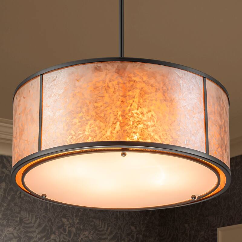 20" W and 8" W Rustic Matte Black Finish Tawny Mica Drum Pendant Light for Living Room & Bedroom