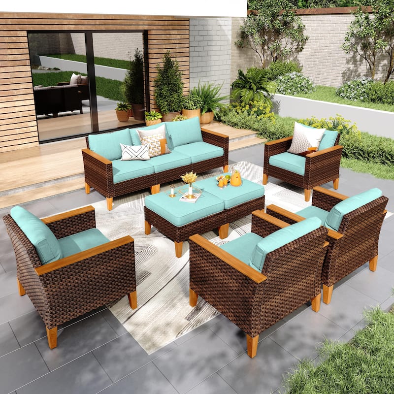 9-Piece Outdoor Wicker Sectional Sofa Patio Furniture Luxury Conversation Set, Beige Cushion - 9- Seat - Type E