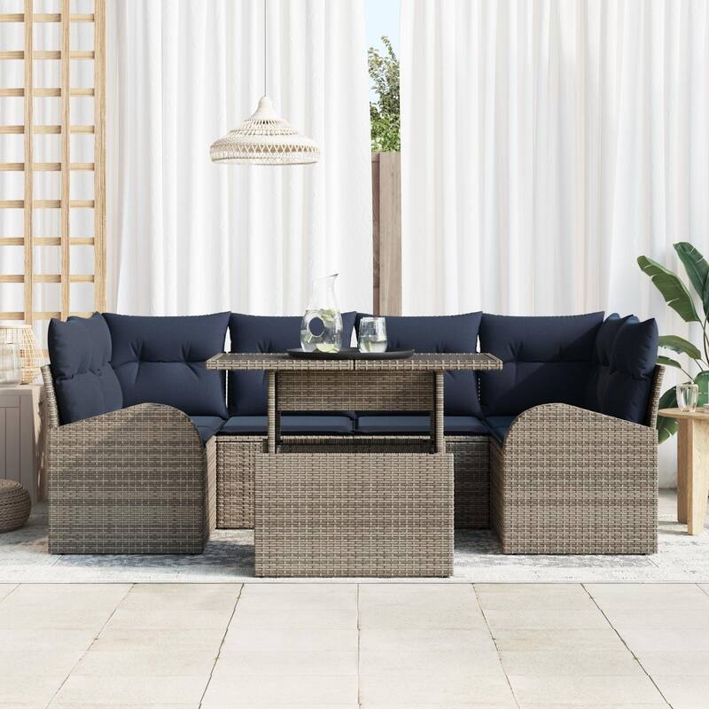 vidaXL 7 Garden Sofa Set with Cushions Black/Brown/Grey Poly Rattan - 92.1 x 48.8 x 27.2