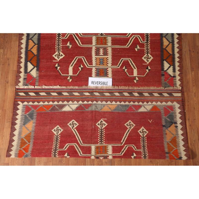 Red Kilim Qashqai Persian Vintage Hand-Woven Wool Carpet - 5'11" x 9'4"