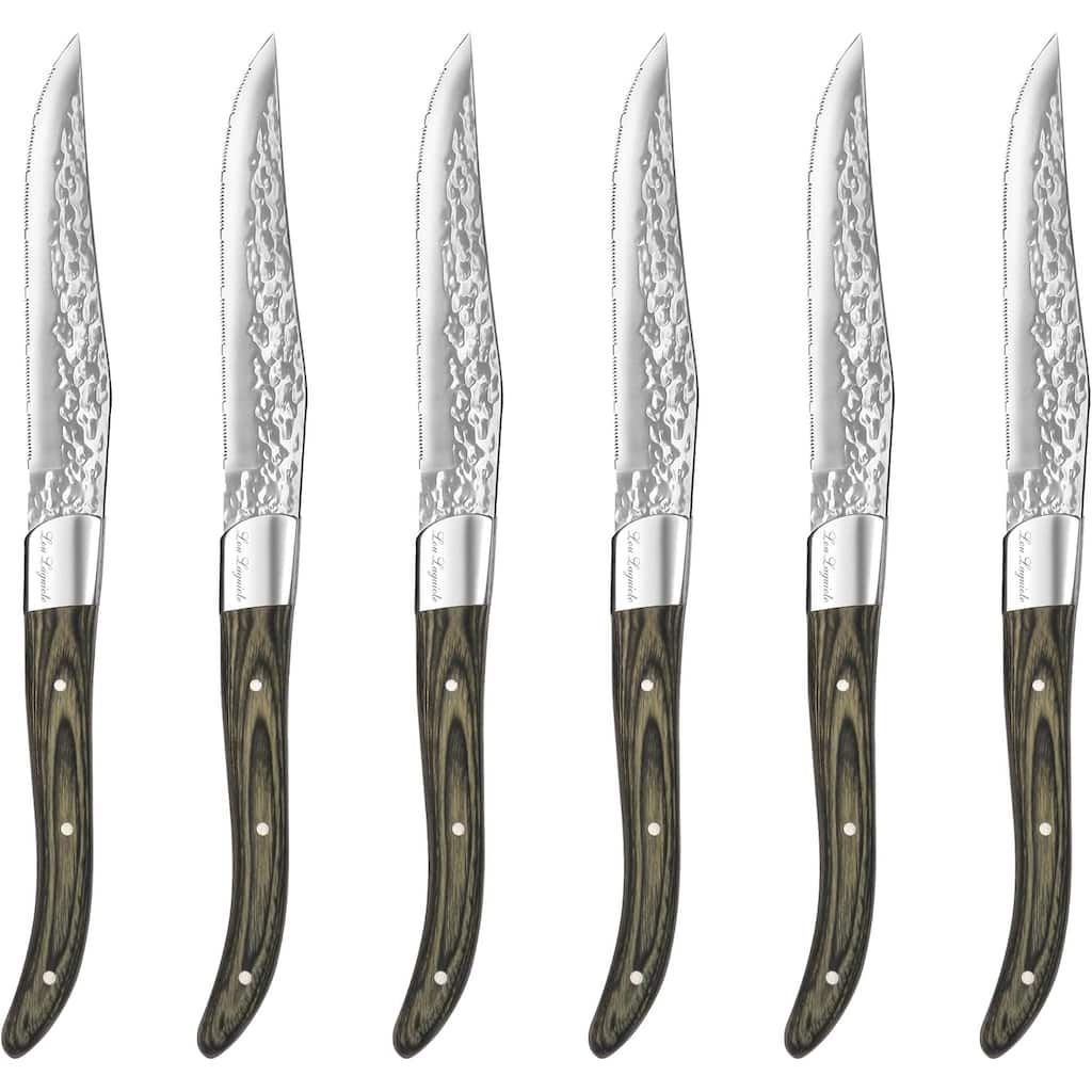 Amefa Set of 6 Lou Laguiole Vulcano Steak Knives - Silver and Pakka Wood