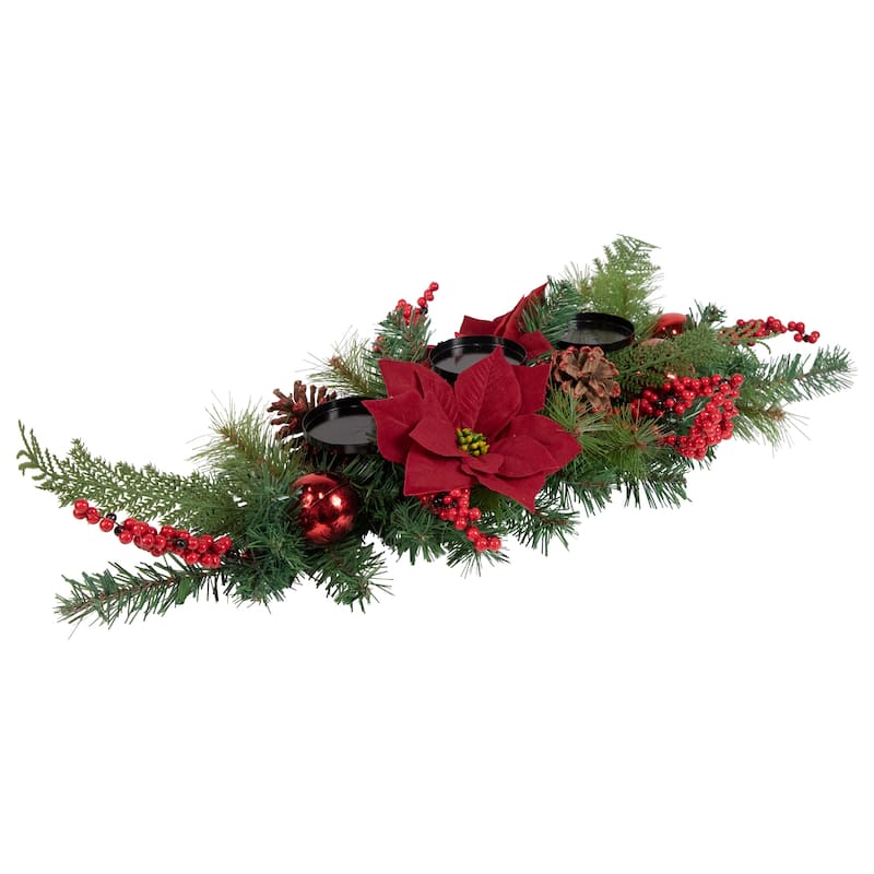 32" Artificial Mixed Pine Berries Poinsettia Candle Holder Centerpiece