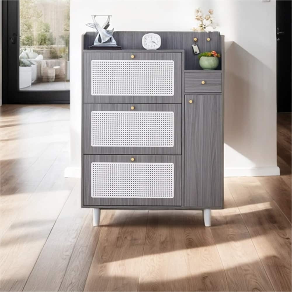 Modern Wood Minimalist Rattan Shoe Cabinet with Legs