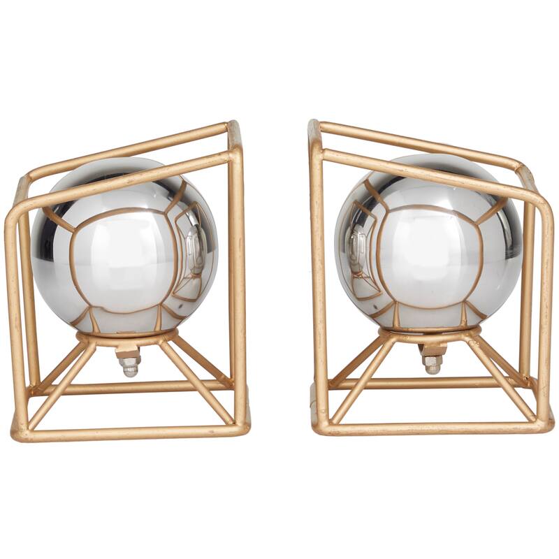 Stainless Steel Metal Geometric Orb Bookends with Gold Base - Set of 2 Silver - CosmoLiving by Cosmopolitan - 5"W x 5"L x 6"H