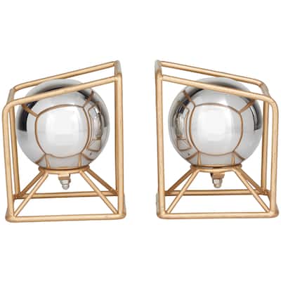 Stainless Steel Metal Geometric Orb Bookends with Gold Base - Set of 2 Silver - CosmoLiving by Cosmopolitan - 5"W x 5"L x 6"H
