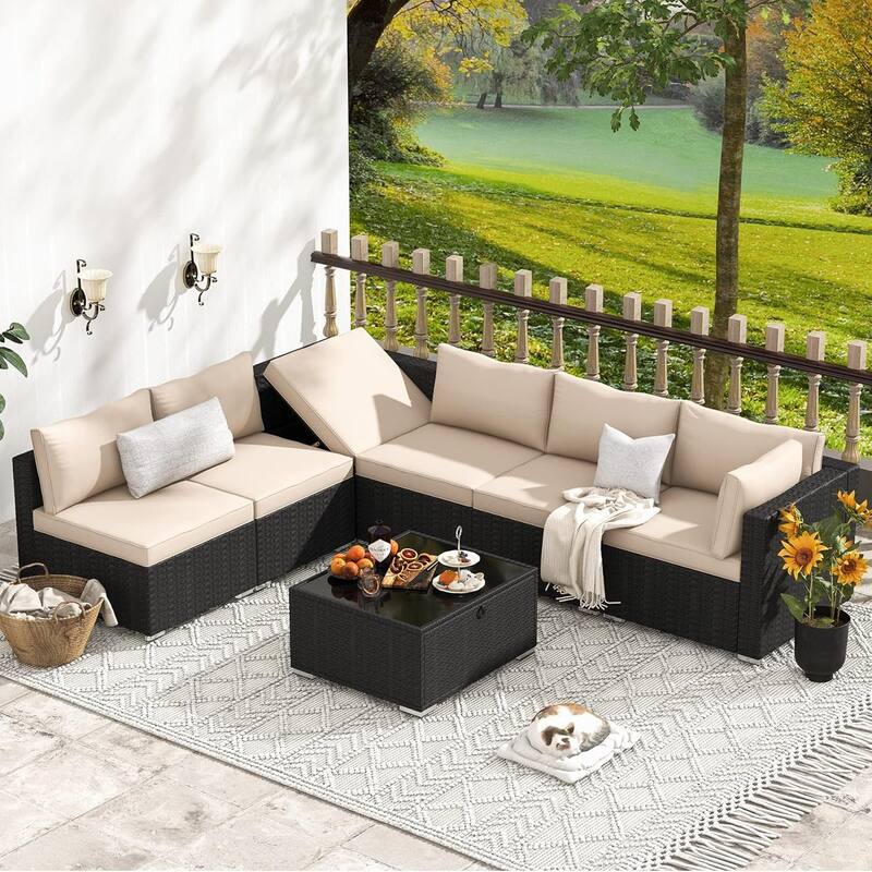 EROMMY 6/7 Piece Modular Outdoor Rattan Sofa Set, All-Weather Wicker Patio Furniture with Storage Table, Cushions & Pillows - 7 Pcs - Khaki
