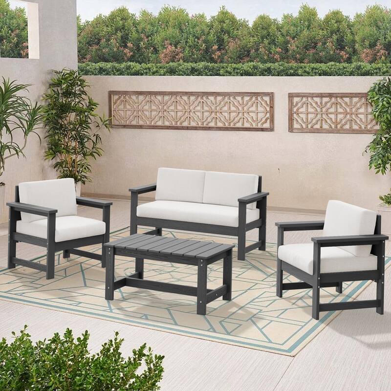 Outdoor Patio HDPE Sectional Sofa and Table Set, Removable Cushions Included, a Loveseat, 2 Single Sofas
