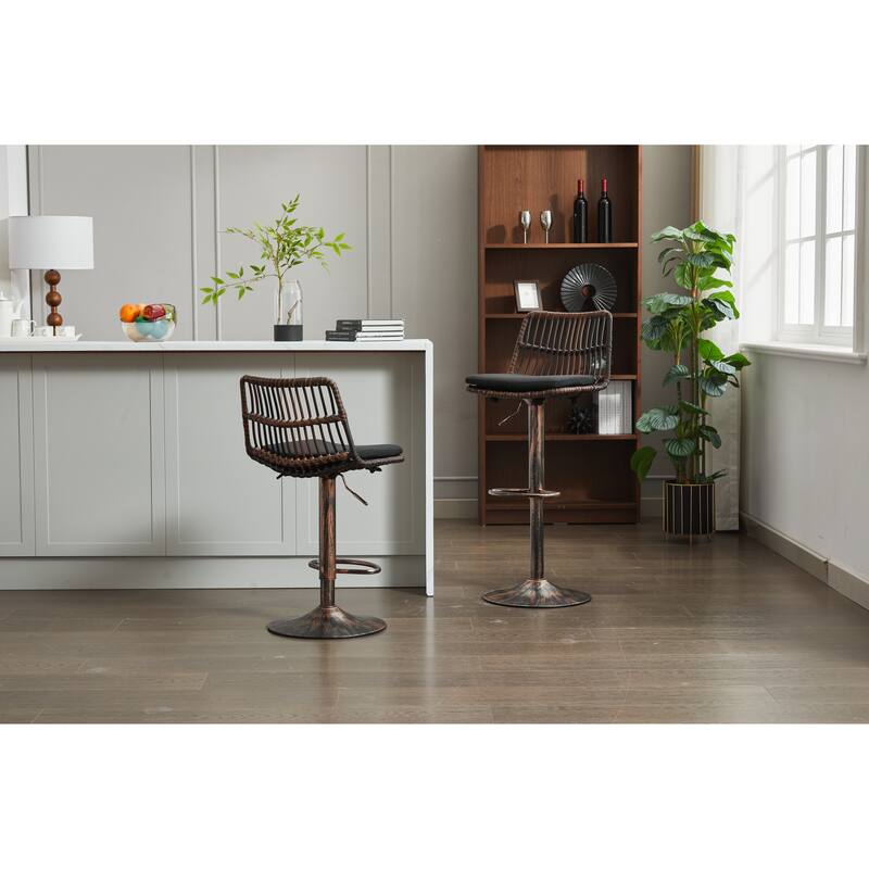 Set of 2 Vintage Rattan Bar Stool, 360° Swivel Seat Chair with Metal Base, Adjustable Height Counter Height Chair with Footrest