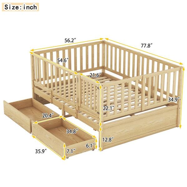 dimension image slide 0 of 3, Full Size Wood Daybed with Fence Guardrails and 2 Drawers Split into Independent Floor Bed and Daybed, Gray