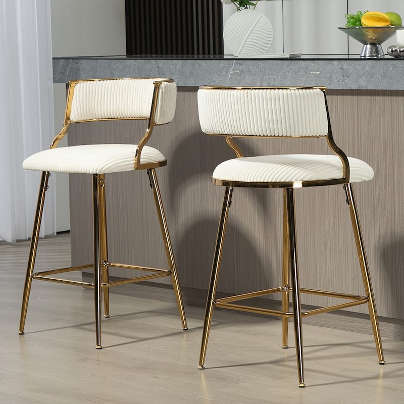 2PCS Corduroy Counter Height Bar Stools With Gold Metal