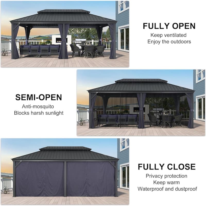 PURPLE LEAF Outdoor Galvanized Steel Hardtop Gazebo, Aluminum Frame Gazebo With Curtains