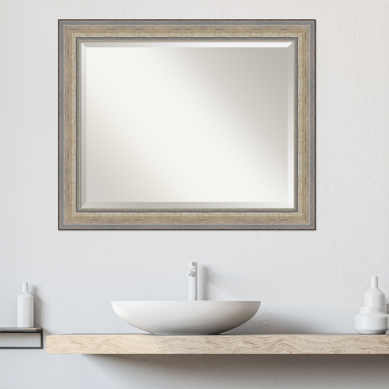 Fleur Silver Beveled Wood Framed Bathroom Vanity Wall Mirror - Fleur Champagne Silver