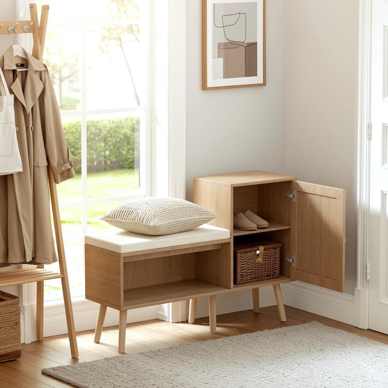 Homy Casa 2-in-1 Entryway Accent Storage Cushion Bench with Rattan Cabinet