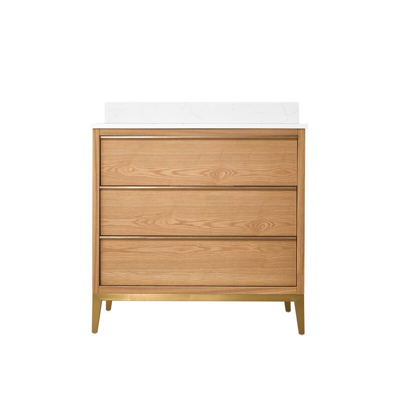 36"/48"/60" W Width Solid Wood Bathroom Vanity with Stain-resistant Carrera White Quartz Top and Sink