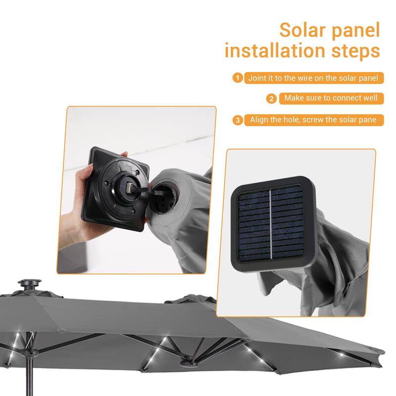 LIVOOSUN 13 x 7.2ft Large LED Double-Sided Rectangular Outdoor Patio Market Umbrella with Crank, Solar Panel, Navy Blue