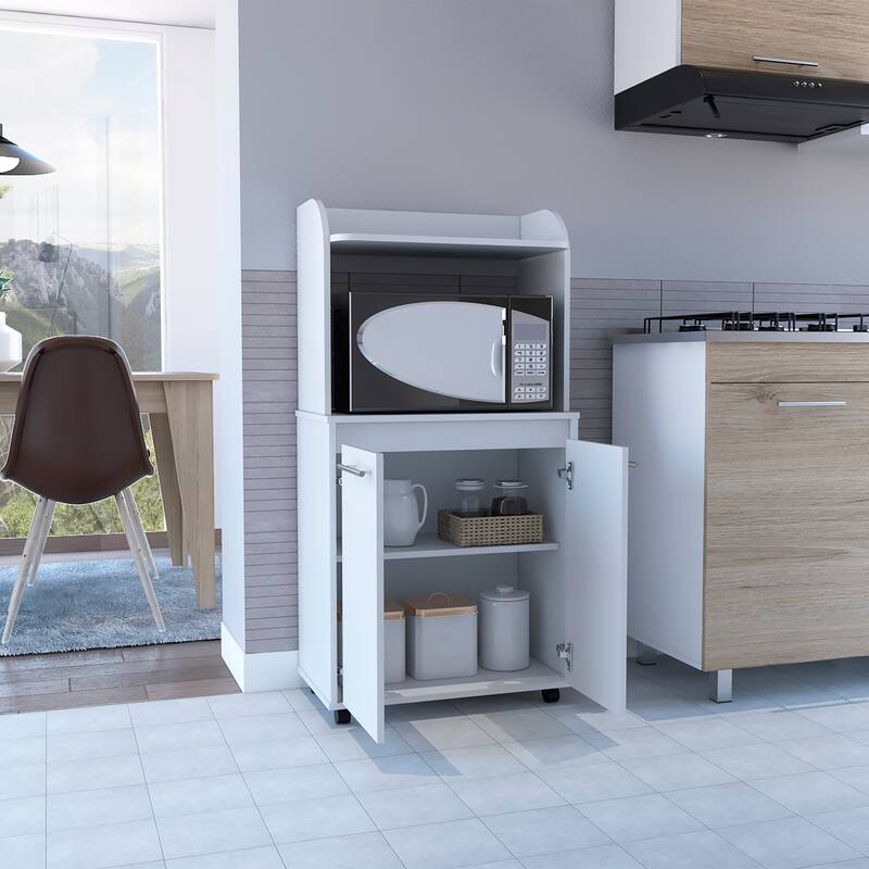 Kitchen Kart, Double Door Cabinet, One Open Shelf, Two Interior Shelves -White