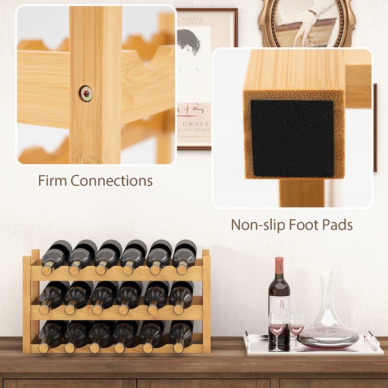 Gymax 3 Tier 18 Bottle Wine Storage Cabinet Shelf Bamboo Wine Rack for