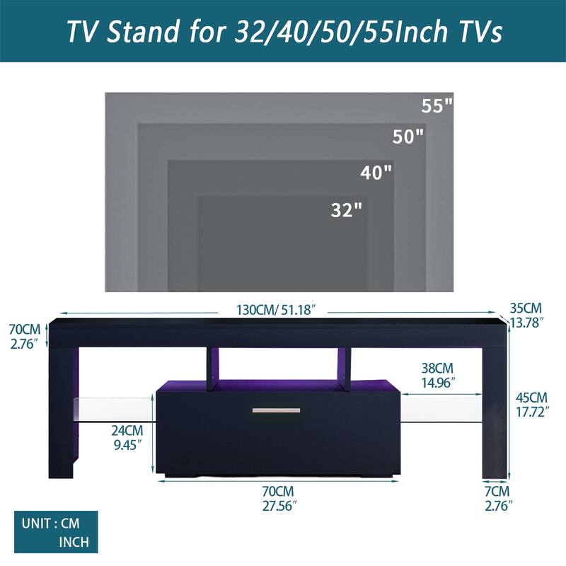Modern 51-Inch TV Stand with RGB LED Lights and Remote Control for 55-Inch TVs - Scratch-Resistant and Waterproof.