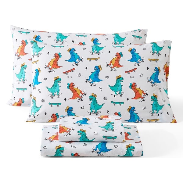 slide 2 of 84, HLC.ME Printed Kids Bed Sheets - Patterned Bed Sheet Set - Wrinkle Resistant & Ultra Soft - For Mattresses up to 15 Inches Deep Skateboard Dinosaur - Full
