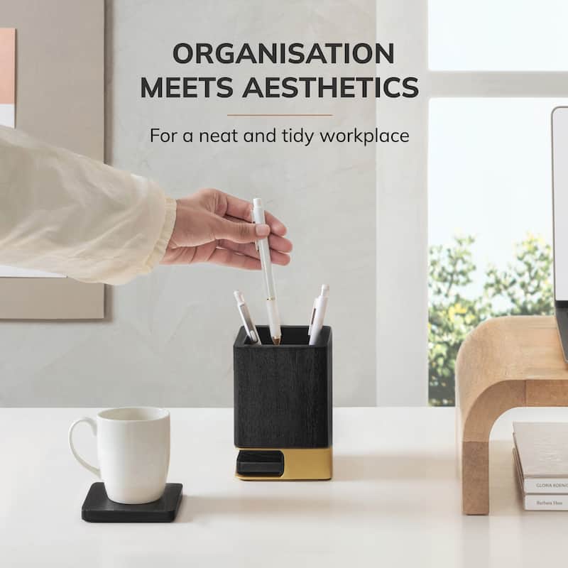 Jani Wooden Pen Cup Holder with 2 Coasters - Stained Mango Wood & Powder-Coated Metal Organizer for Home, Office & Living Spaces