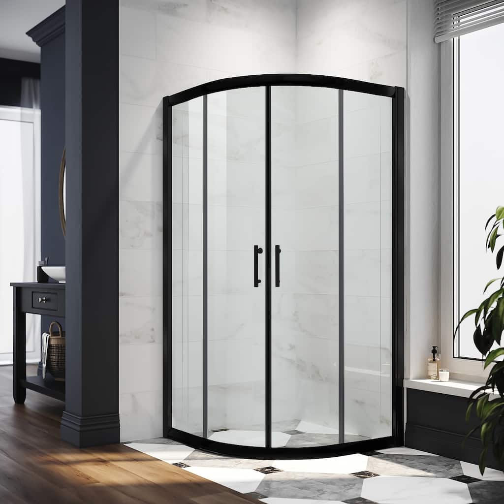 Elegant Neo-Round Curved Corner Entry Shower Enclosure Matte Black Framed 36.7" W x 36.7" D x 72" H Sliding Shower Doors