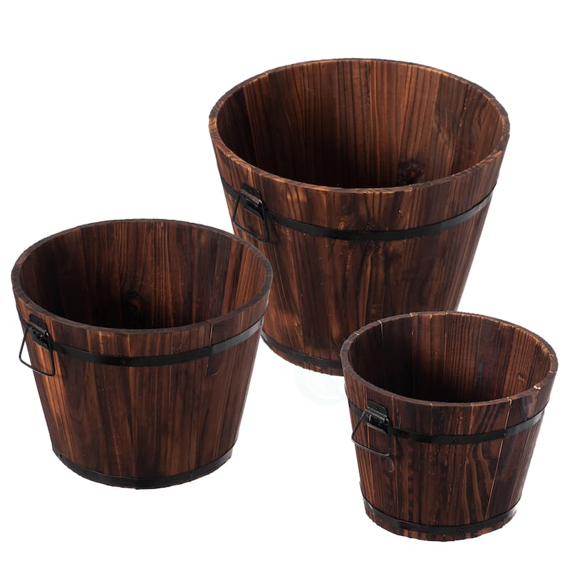 Rustic Wooden Whiskey Barrel Planter with Durable Medal Handles and Drainage Holes - Perfect for Indoor and Outdoor - Set of 3