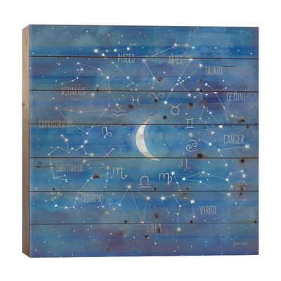 Star Sign With Moon Square Print On Wood by Cynthia Coulter - Multi-Color
