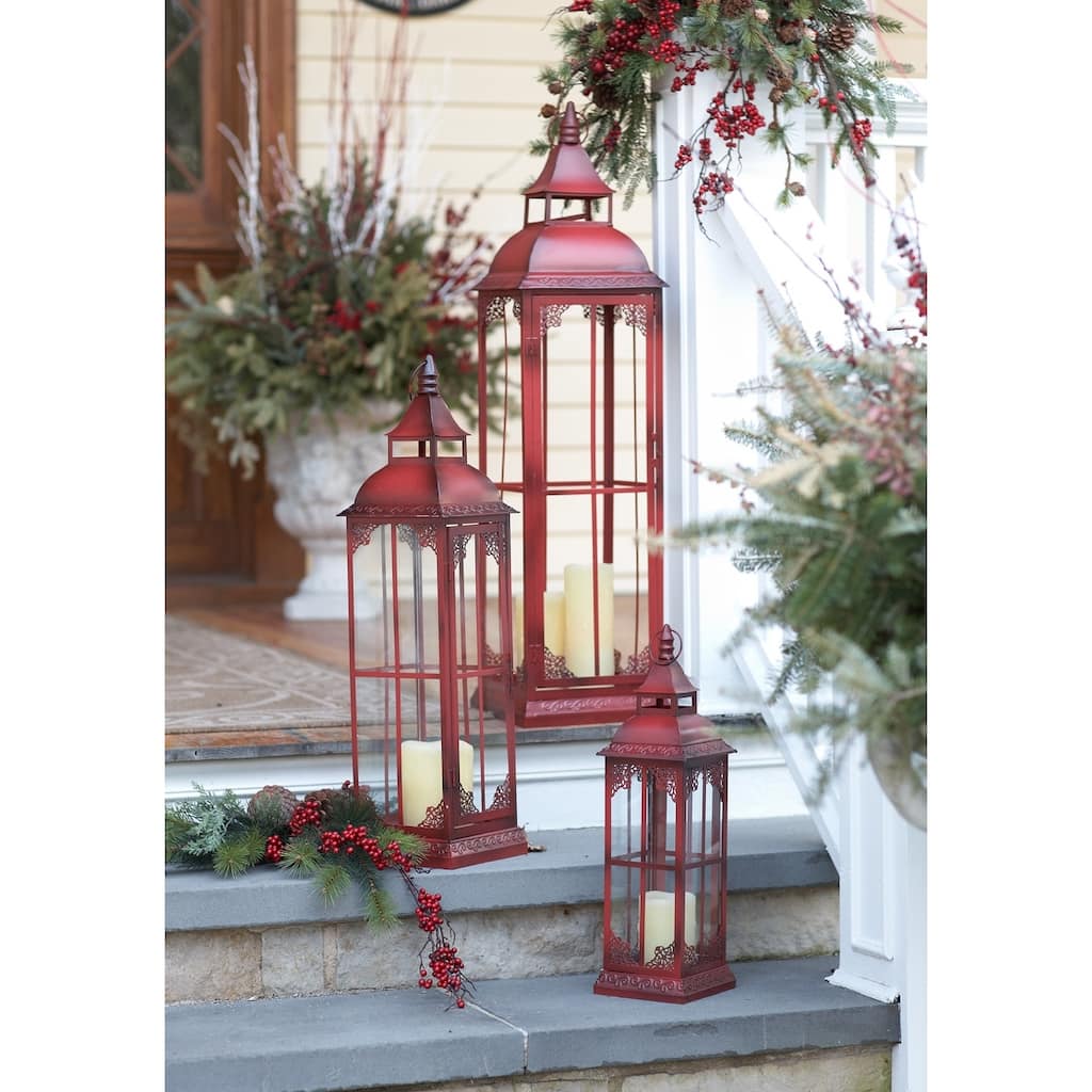 Set of 3 Red Candle Lanterns with Sturdy Metal and Glass Construction for Home and Garden Decor - 9.5 x 9.5 x 37 inches