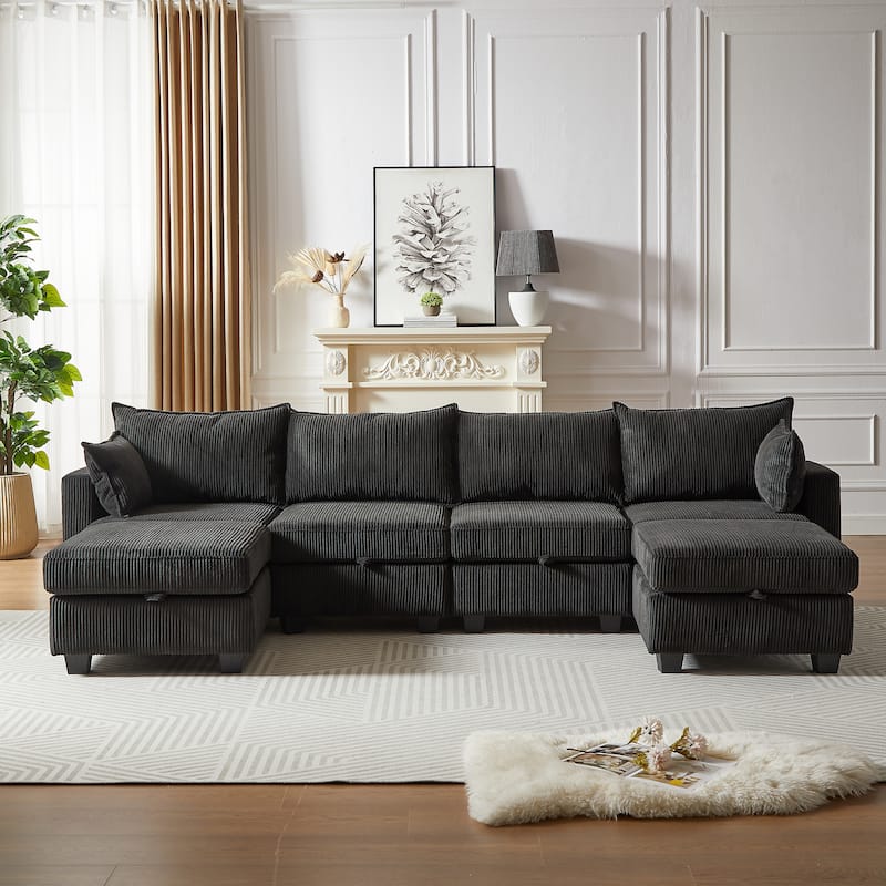 Roomfitters 113.5" Modular Corduroy U-Shaped Sectional Sofa, 6-Seater Convertible Couch with Chaise and Storage Ottoman