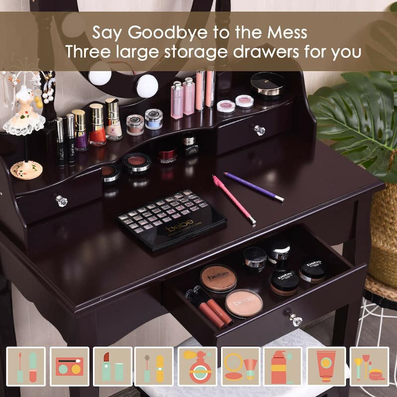 Oval Mirror Vanity Set with 10 LED Dimmable Bulbs and 3 Drawers - 29.5" x 16" x 56.5" (L x W x H)