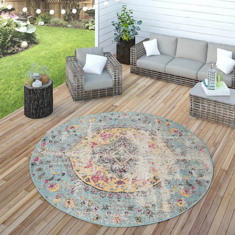 Indoor & Outdoor Rug Oriental Design in Turquoise Pink Yellow Pastel - 6'7" Round